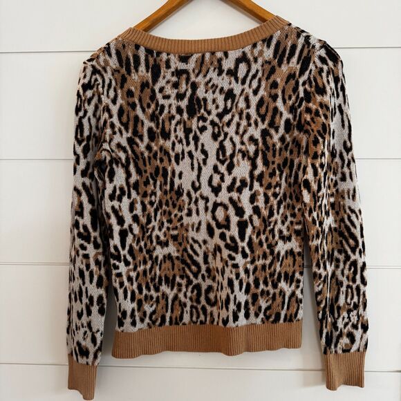 Express Women's XS Fitted Crewneck Sweater Leopard Print Soft Stretchy Tan Black - Picture 3 of 14